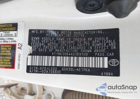 2010 Toyota Avalon Limited z USA, uszkodzony, nr VIN 4T1BK3DB4AU369109